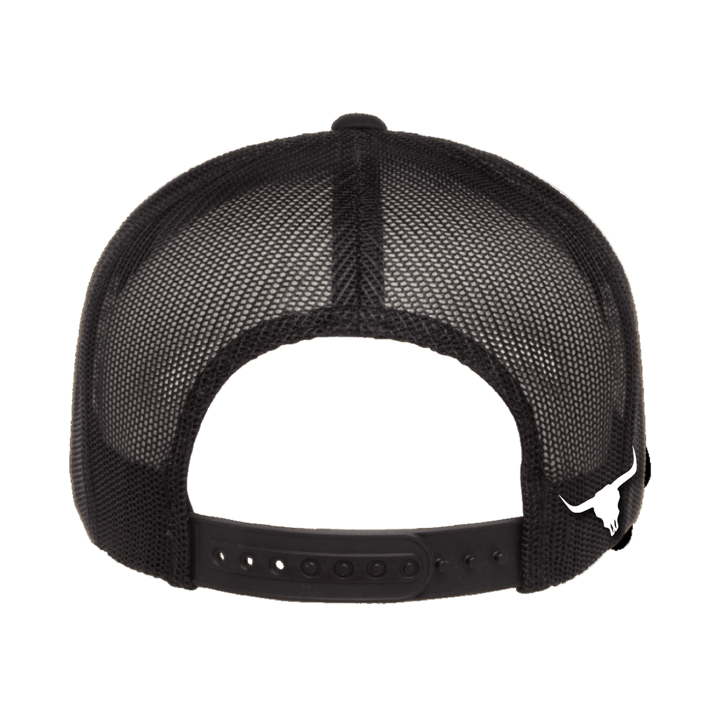 Black mesh cap with a white logo on a white background