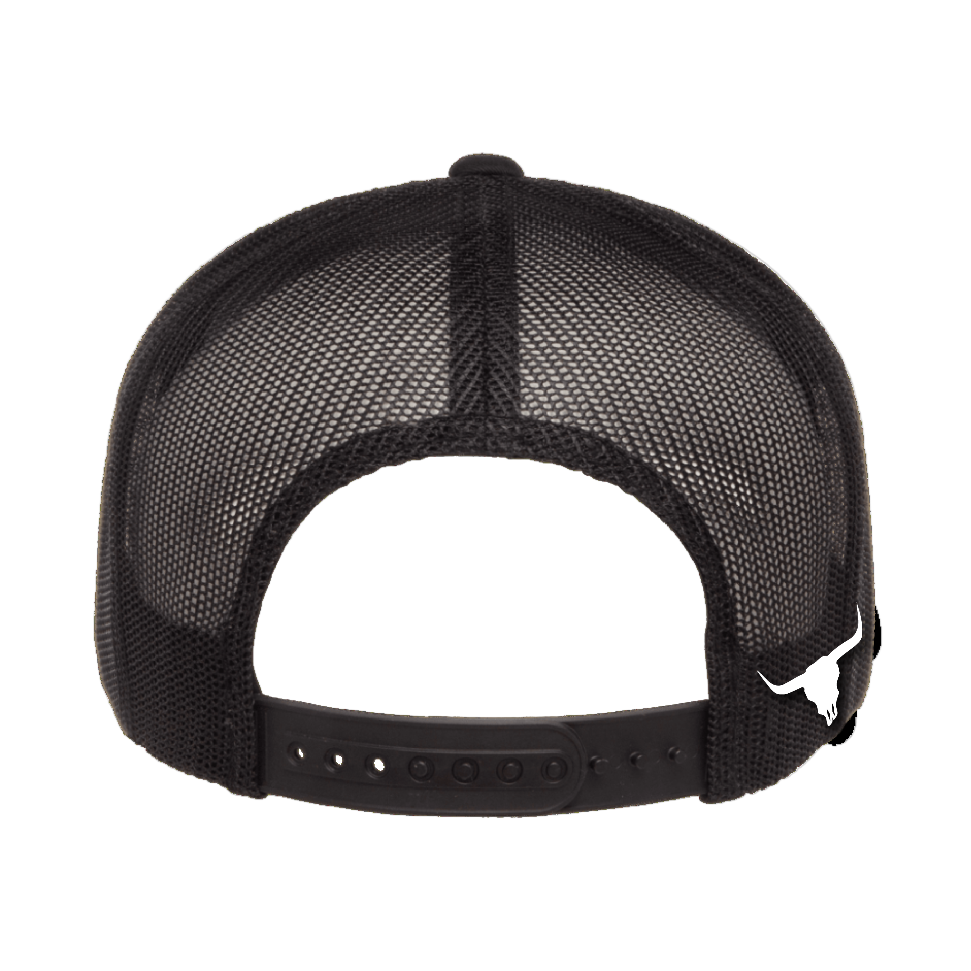 Black mesh cap with a white logo on a white background