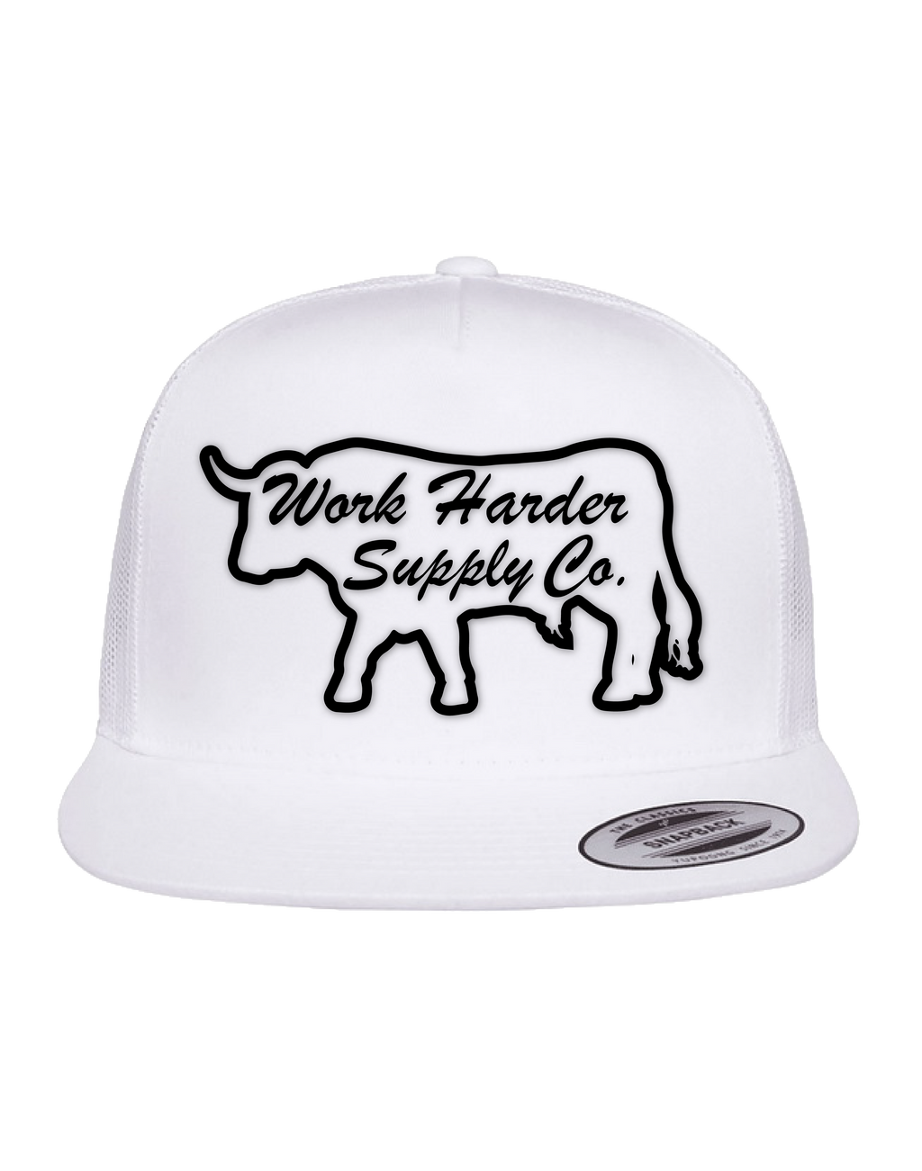 White cap with black bull graphic and 'Work Harder Supply Co.' text on a white background