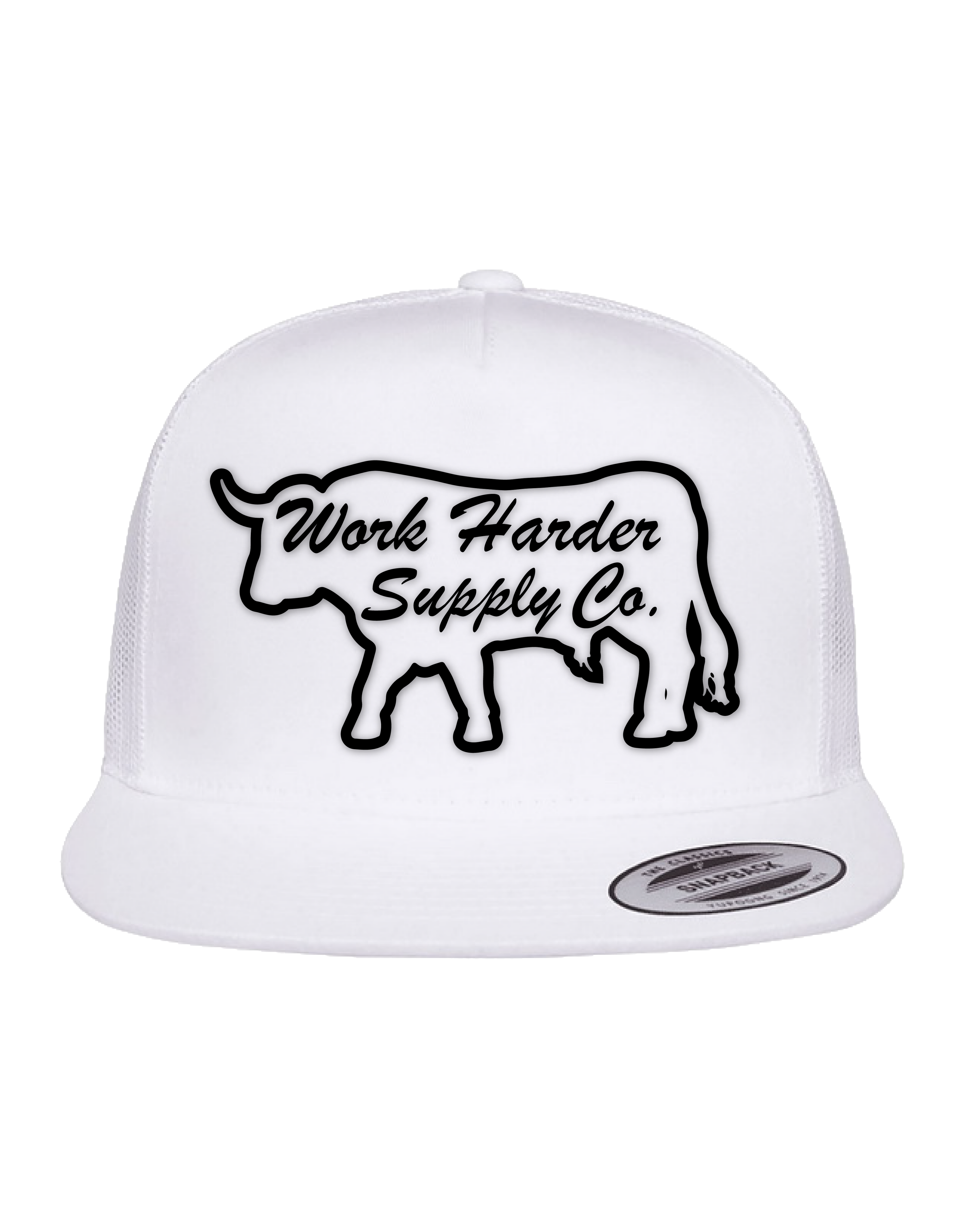 White cap with black bull graphic and 'Work Harder Supply Co.' text on a white background