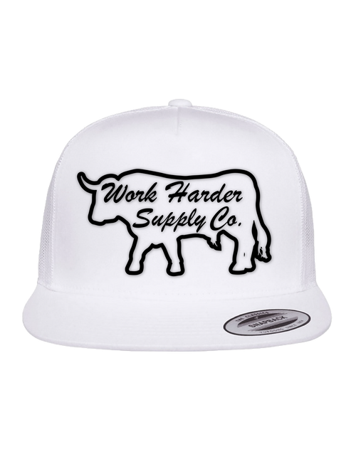 White cap with black bull graphic and 'Work Harder Supply Co.' text on a white background