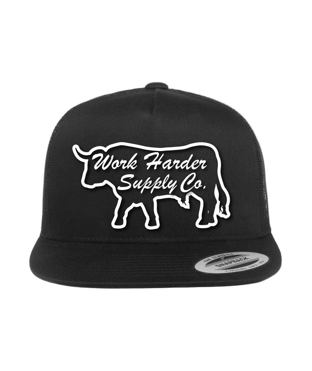 Black cap with white bull graphic and text 'Work Harder Supply Co.' on a white background