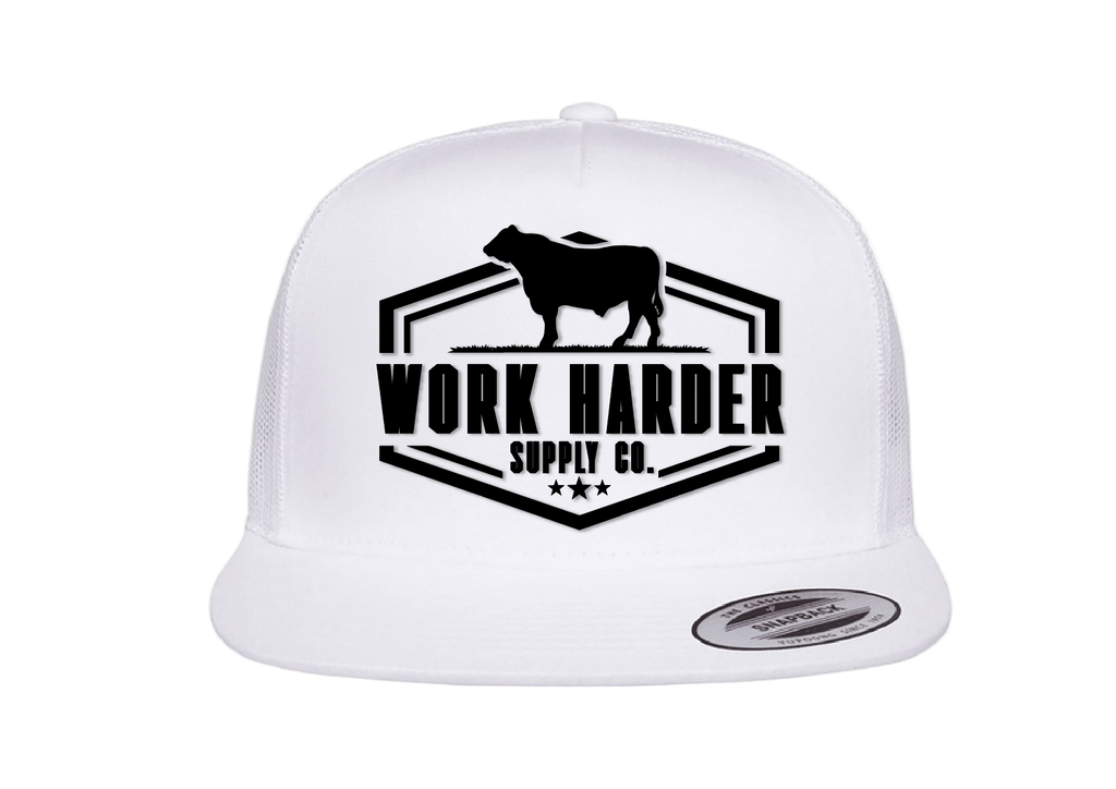 White cap with black 'Work Harder Supply Co.' logo on a white background