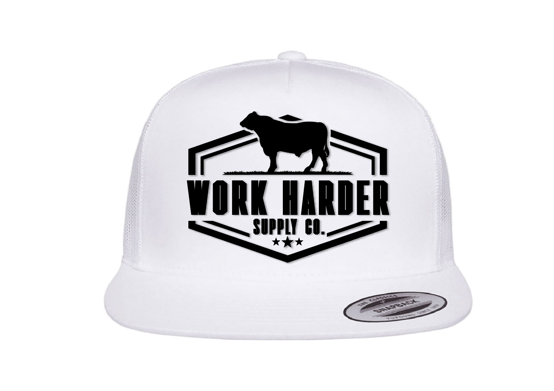 White cap with black 'Work Harder Supply Co.' logo on a white background
