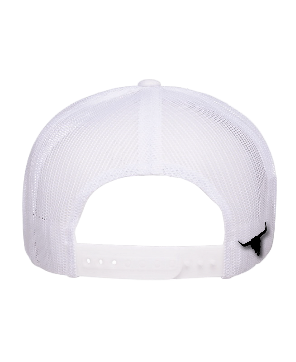 White mesh cap with a black logo on a white background