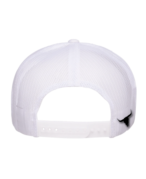 White mesh cap with a black logo on a white background